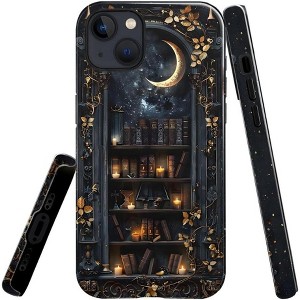 BONGEEK Generic Case Compatible with iPhone 15Plus,Scratch Resistant Hybrid 2-Layer Hard Shell Bright Phone Case,Vintage Dark Bookshelf Moon - 1 of 4