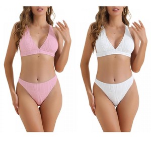 INSPIRE CHIC Women's V Neck Crisscross Back Drawstring Triangle Bottoms Swimwear Bathing Bikini Suits 2 Sets - 1 of 4