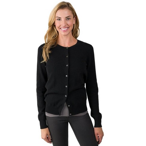 JENNIE LIU Women's 100% Cashmere Button Front Long Sleeve Crewneck Cardigan  Sweater (1575, Black, Medium )