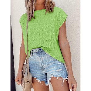 Womens Summer Cap Sleeve Tops Trendy Casual Crew Neck Knit Lightweight Sweater Pullover Top - 1 of 4