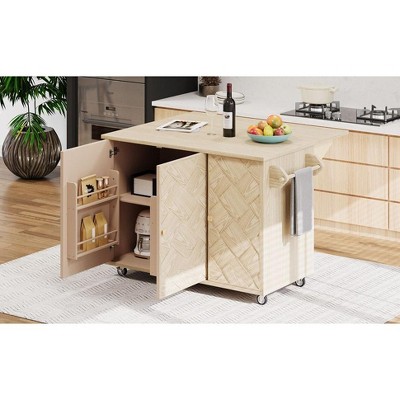 PAGED 51.2"W Kitchen Island Wood Handwoven Kitchen Island on Wheels with Drop Leaf, Internal Storage Rack for Kitchen