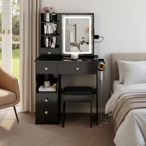 FONTOI 29.2"W/37"W/41"W Makeup Vanity Table with Left Drawer Stool Large Sliding Mirror Capacity Storage for Bedroom Dressing Room, White/Black - 1 of 4