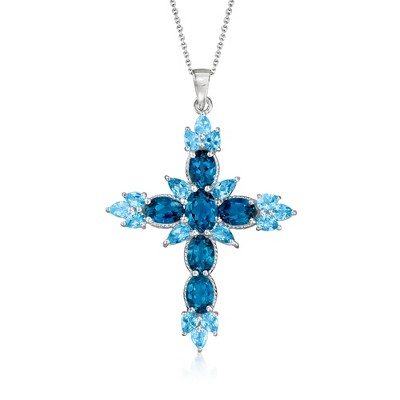 Ross-Simons 7.10 ct. t.w. London and Swiss Blue Topaz Cross Pendant Necklace in Sterling Silver Size 18