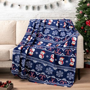 Christmas Snowman Throw Blanket | Blue Holiday Christmas Fleece Blanket - 1 of 4