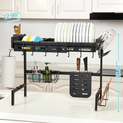 Adjustable Black Metal Over Sink Dish Drying Rack with Utensil Cup
