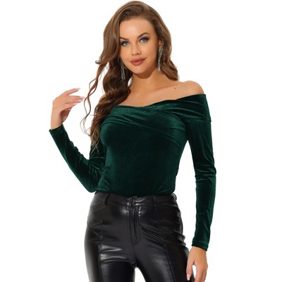 INSPIRE CHIC Women's Velvet Slim Fit Long Sleeve Off-Shoulder Blouse