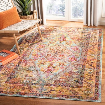 Light Blue and Orange Rectangular Oriental Area Rug