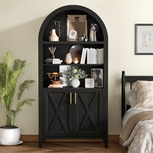 MAYEERTY 63" Tall Arched Storage Cabinet with Beech Wood Door 5 Tier Bookcase for Living Room Dining Room Black - 1 of 4