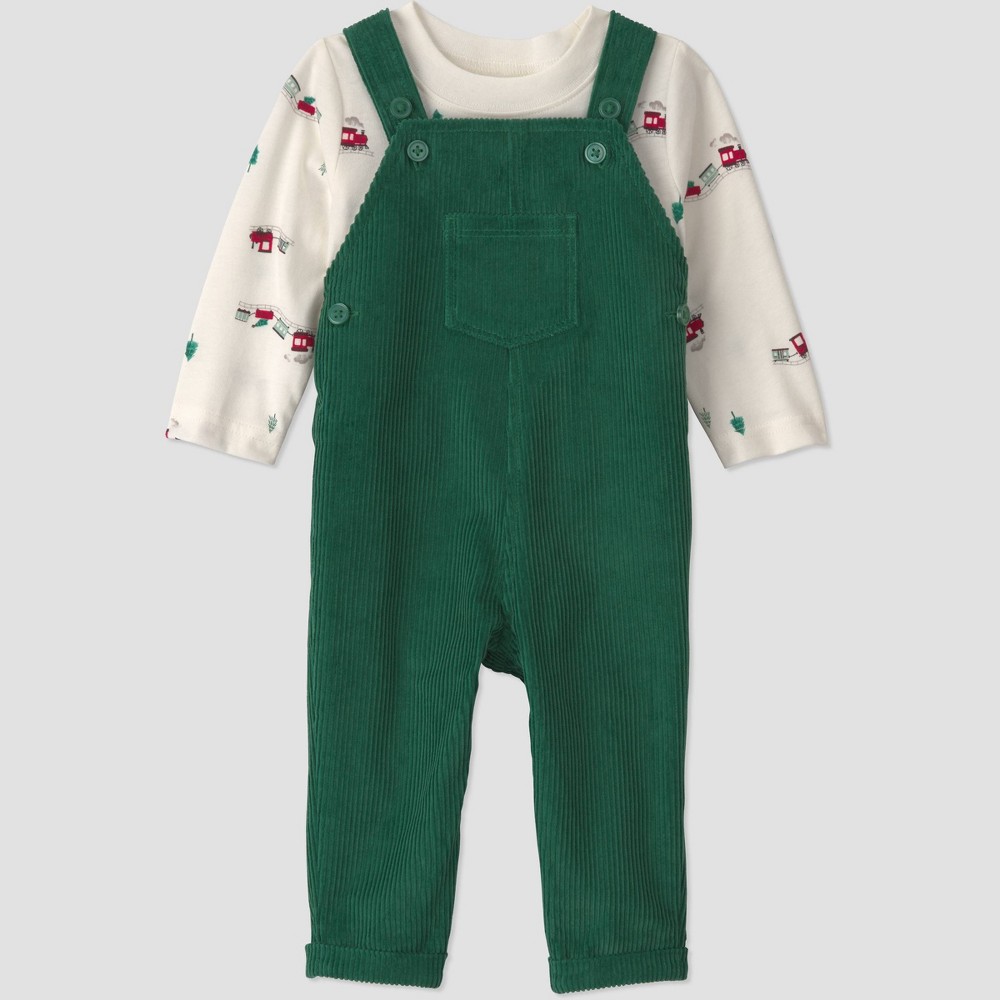 Carter's Just One You® Baby Boys' Christmas Trains Long Sleeve and Coruroy Overalls Set - Green Newborn