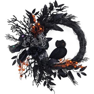 20 Inch Halloween Owl Wreath - Natural Vine Base with Black Artificial Roses, Versatile Indoor Outdoor Decor for Halloween Party Home Decor - 1 of 4
