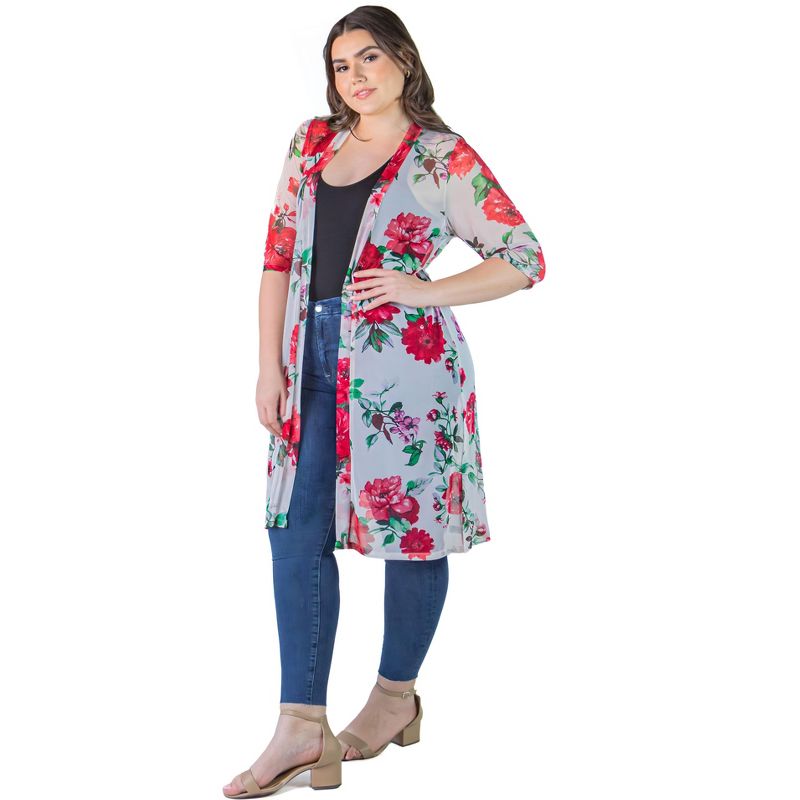 24seven Comfort Apparel Plus Size White And Red Floral Pattern Knee Length Sheer Cardigan, 2 of 5