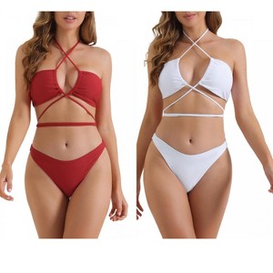 INSPIRE CHIC Women's Halter Double Lace Up Tie Back Triangle Bottoms Swimwear Bathing Bikini Suits 2 Sets - 1 of 4