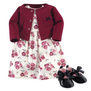 Hudson Baby Infant Girl Cotton Dress, Cardigan and Shoe 3pc Set, Rose - 1 of 4