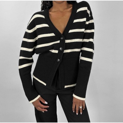 Women's Striped V Neck Knit Cardigan - beige botany