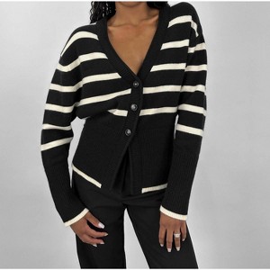 Women's Striped V Neck Knit Cardigan - beige botany - 1 of 4