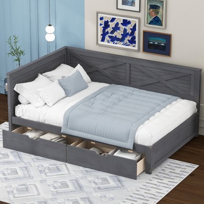 TIRAMISUBEST Twin Size L-Shaped Daybed with 2 Storage Drawers and Rustic Guardrail, Wooden Daybed Frame Sofa Bed with Slats Support