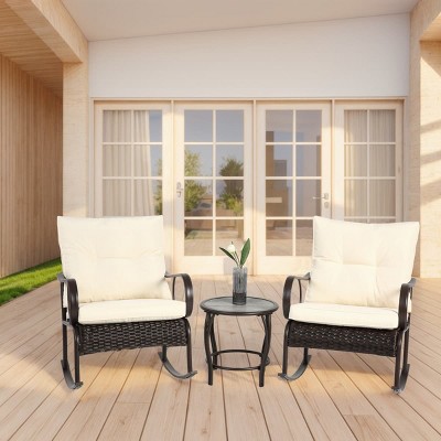 3 Piece Patio Furniture Set Rocking Bistro Set with Rattan Chairs and Coffee Table for Garden Balcony Backyard Patio Seating Sets-The Pop Home