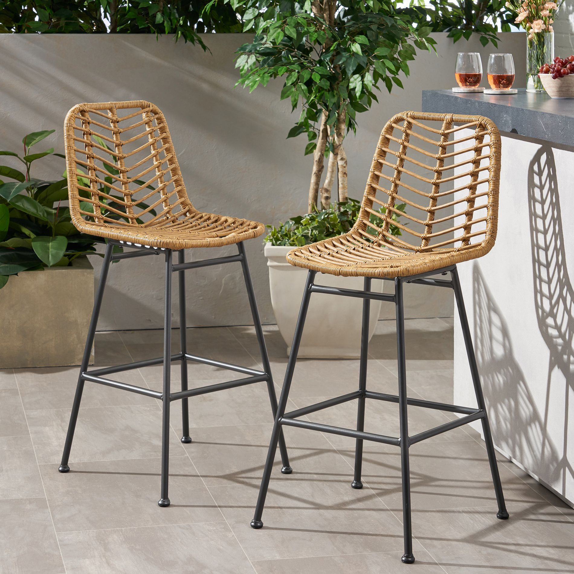 Spassway 2-Piece 43"H Brown/Gray Indoor Outdoor Patio Counter Bar Stools and Chairs with Back for Backyard Weather Resistant Rattan Design