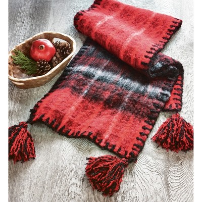 tagltd Snowmass Tasseled Red and Black Plaid Mohair Cotton Machine Washable Table Runner, 72.0 in.