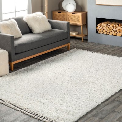 Ivory Rectangular Braided Shag Area Rug with Tassels