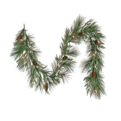 HGTV Home Collection 6ft Pre Lit Artificial Christmas Garland, Mixed cedar and bristle Branch Tips , Decorated with Pinecones