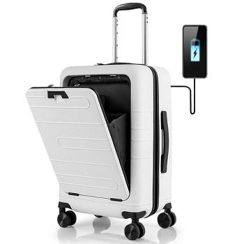 Costway 20'' Carry-on Luggage PC Hardside Suitcase TSA Lock with Front Pocket & USB Port Navy/White