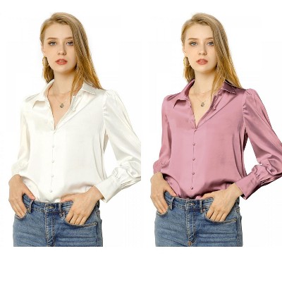Allegra K Women's Satin Puff Sleeve Point Collar Vintage Button Up Shirt 2 Pcs