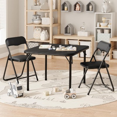 3-Piece Folding Upholstered Table and Chair, Square Card Table and Chair Set with Pu Soft Cushion, Metal Frame Children's Activity Table and Chairs