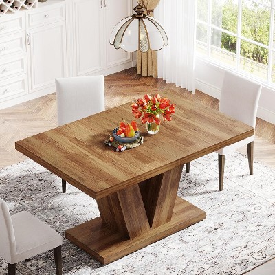 Walnut Brown Reclaimed Wood Farmhouse Dining Table with V-Shaped Pedestal