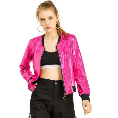 Allegra K Women's Holographic Fashion Stand Collar Metallic Lightweight Zip  Bomber Jacket Hot Pink X-large : Target