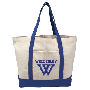 Wellesley College Primary Logo Canvas Tote Bag With External Pocket, Reusable Shoulder Bag for Shopping, School, Beach - 1 of 4