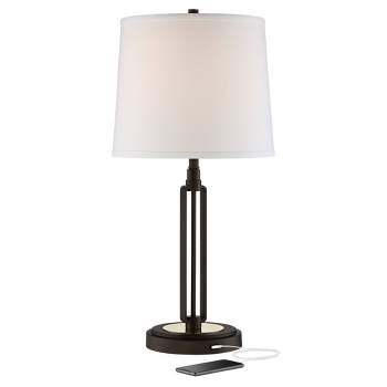 Franklin Iron Works Javier Industrial Table Lamp 24 1/2" High Bronze with USB Charging Port White Drum Shade for Bedroom Living Room Bedside Home Desk