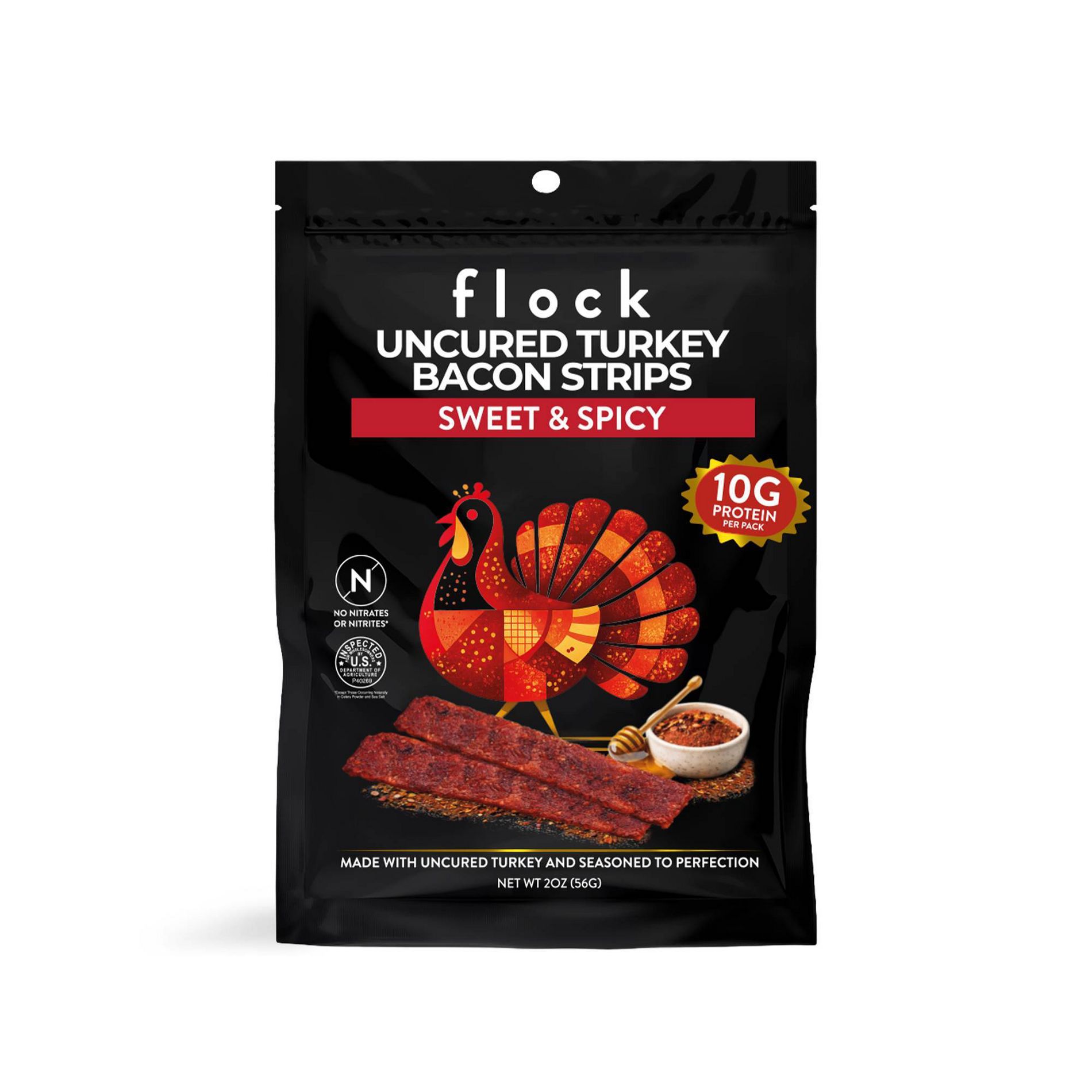 Flock Foods Uncured Sweet & Spicy Turkey Bacon Strips - 10g Protein - 2oz