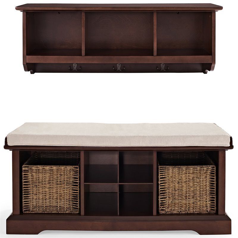 Wood 2 Piece Entryway Bench and Shelf Set in Mahogany brown--Bowery Hill, 3 of 5