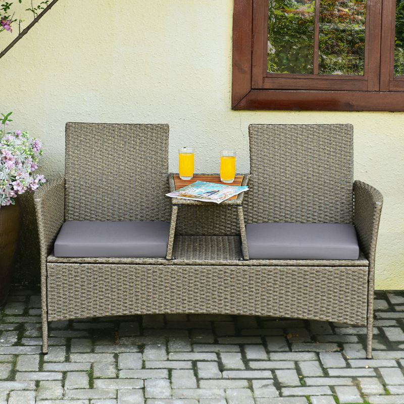 Tangkula Outdoor Patio Rattan Loveseat Sofa Double Conversation Set w/Cushion & Built-in Table, 5 of 11