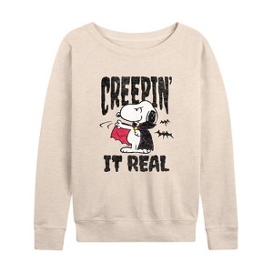 Women's - Peanuts - Creepin It Real Lightweight French Terry Wide Neck Long Sleeve Shirt - 1 of 4