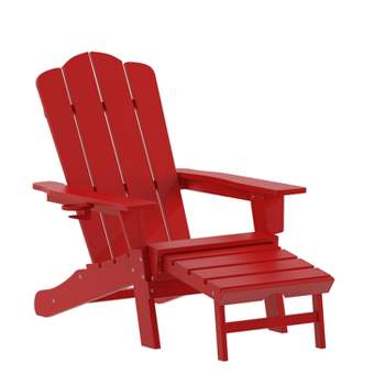Merrick Lane Adirondack Chair with Cup Holder and Pull Out Ottoman, All-Weather HDPE Indoor/Outdoor Lounge Chair