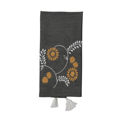 Gray Floral 27 x 18 Inch Woven Cotton Kitchen Tea Towel with Hand Sewn Tassels - Foreside Home & Garden