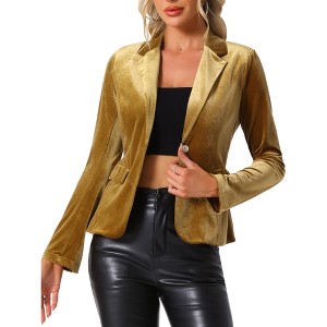 INSPIRE CHIC Women's Notched Lapel Vintage Office Button Front Velvet Blazer - 1 of 4