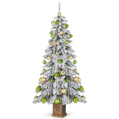 Tangkula 6 FT Unlit Artificial Christmas Tree Potted Hinged Tree with 589 Flocked Branch Tips 48 Xmas Balls Vintage Cement-Filled Flowerpot & Gloves