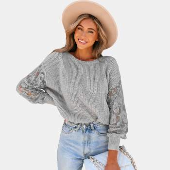 Women's Rib Contrast Floral Lace Rib Sweater - Cupshe
