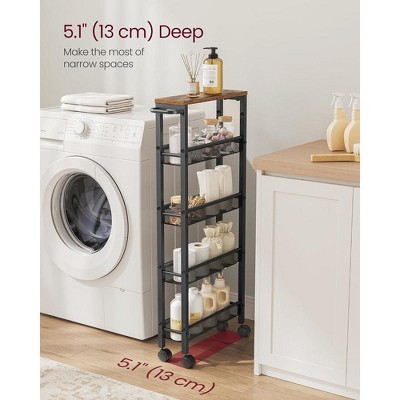 Slim Rustic Brown and Black Metal 5-Tier Rolling Kitchen Cart
