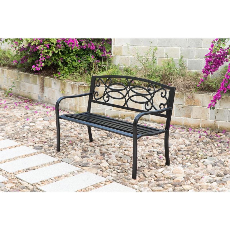 Gardenised Steel Outdoor Patio Garden Park Seating Bench with Cast Iron Scrollwork Backrest, Front Porch Yard Bench Lawn Decor, 3 of 9