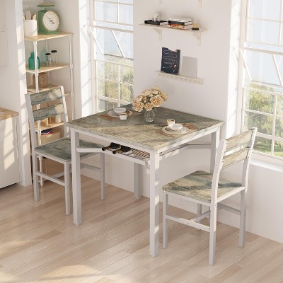Hooseng 3-Piece Square Bar Table and Chairs Set, Space Saving Dining Set with Storage Rack, Small Kitchen Table Set with Wooden Top and Metal Frame