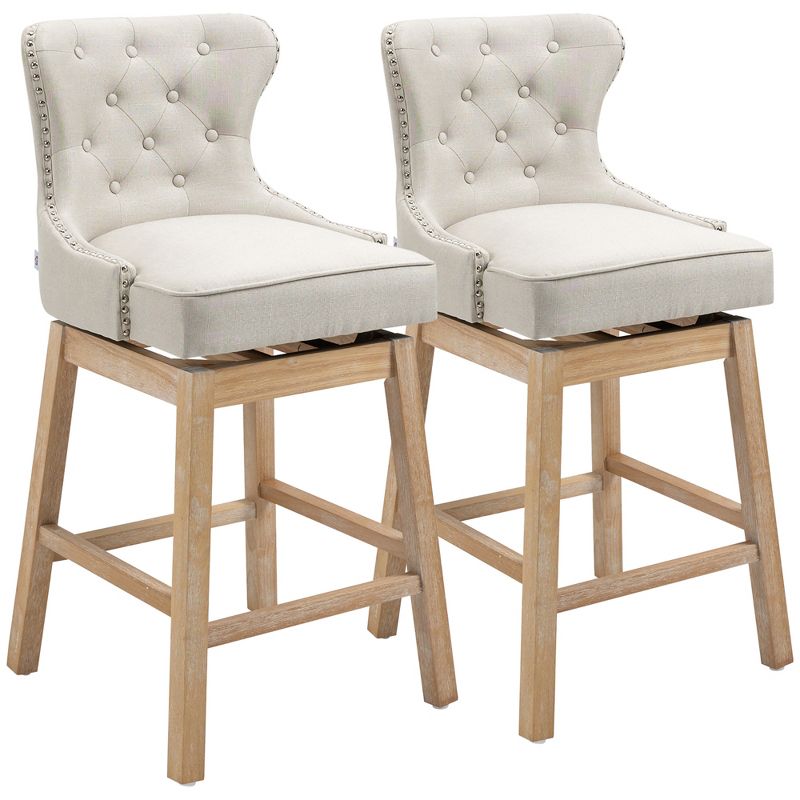 HOMCOM Upholstered Fabric Bar Height Bar Stools Set of 2, 180° Swivel Nailhead-Trim Pub Chairs, 30" Seat Height with Rubber Wood Legs, 4 of 9