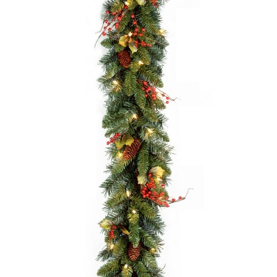 National Tree Company Pre-Lit Artificial Christmas Garland, Green, Classical, White Lights, Pine Cones, Berry Clusters, Holly Leaves, Plug In,9 Feet