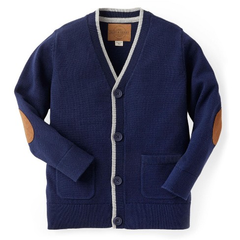 Hope & Henry Baby Boys Tipped Cardigan with Elbow Patches - Navy