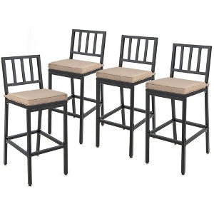 Tangkula 4 PCS Outdoor Metal Bar Stools Bar Height Dining Chairs w/ Beige Cushion - 1 of 4