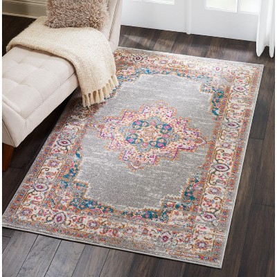 Medium Gray Geometric Synthetic Stain-resistant Rug