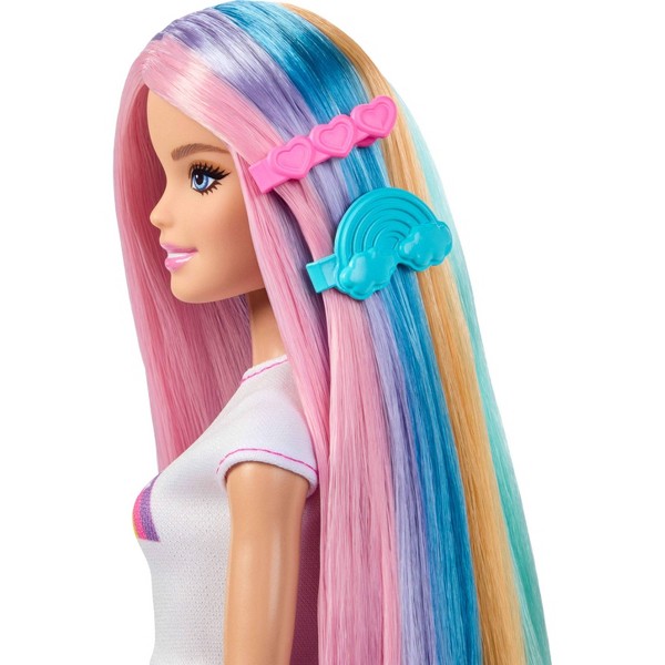 Muñeca Barbie Rainbow Sparkle Hair con cabello extra largo, lápiz labial rosa y 12 accesorios de peinado 4